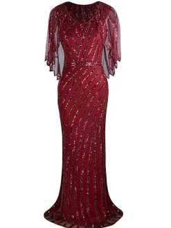 Discount Retro Stage 1920s Mesh Sequined Cape Maxi Dress Black