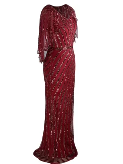Discount Retro Stage 1920s Mesh Sequined Cape Maxi Dress Black