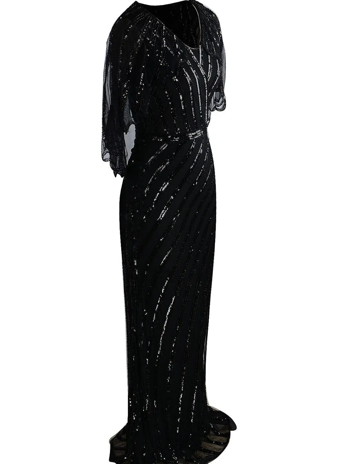 Discount Retro Stage 1920s Mesh Sequined Cape Maxi Dress Black