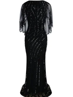 Discount Retro Stage 1920s Mesh Sequined Cape Maxi Dress Black