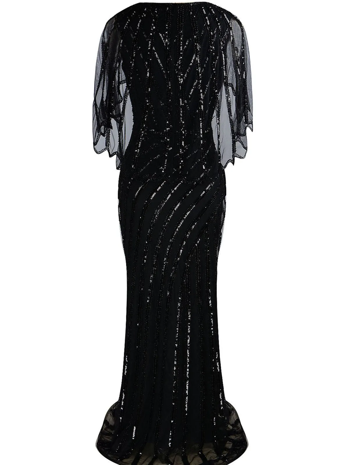 Discount Retro Stage 1920s Mesh Sequined Cape Maxi Dress Black