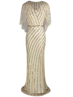 Discount Retro Stage 1920s Mesh Sequined Cape Maxi Dress Black