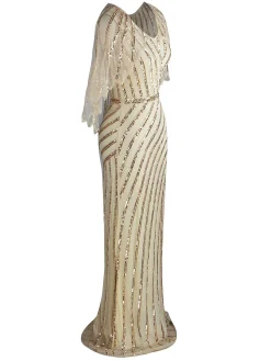 Discount Retro Stage 1920s Mesh Sequined Cape Maxi Dress Black