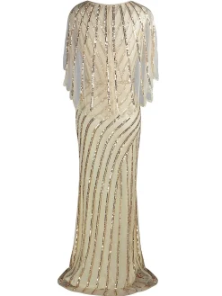 Discount Retro Stage 1920s Mesh Sequined Cape Maxi Dress Black