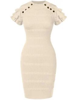 Best Retro Stage 1960s Metal Button Ruffle Sleeve Sweater Dress