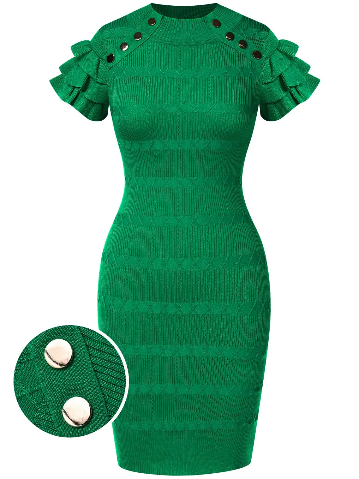 Best Retro Stage 1960s Metal Button Ruffle Sleeve Sweater Dress