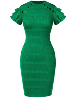 Best Retro Stage 1960s Metal Button Ruffle Sleeve Sweater Dress