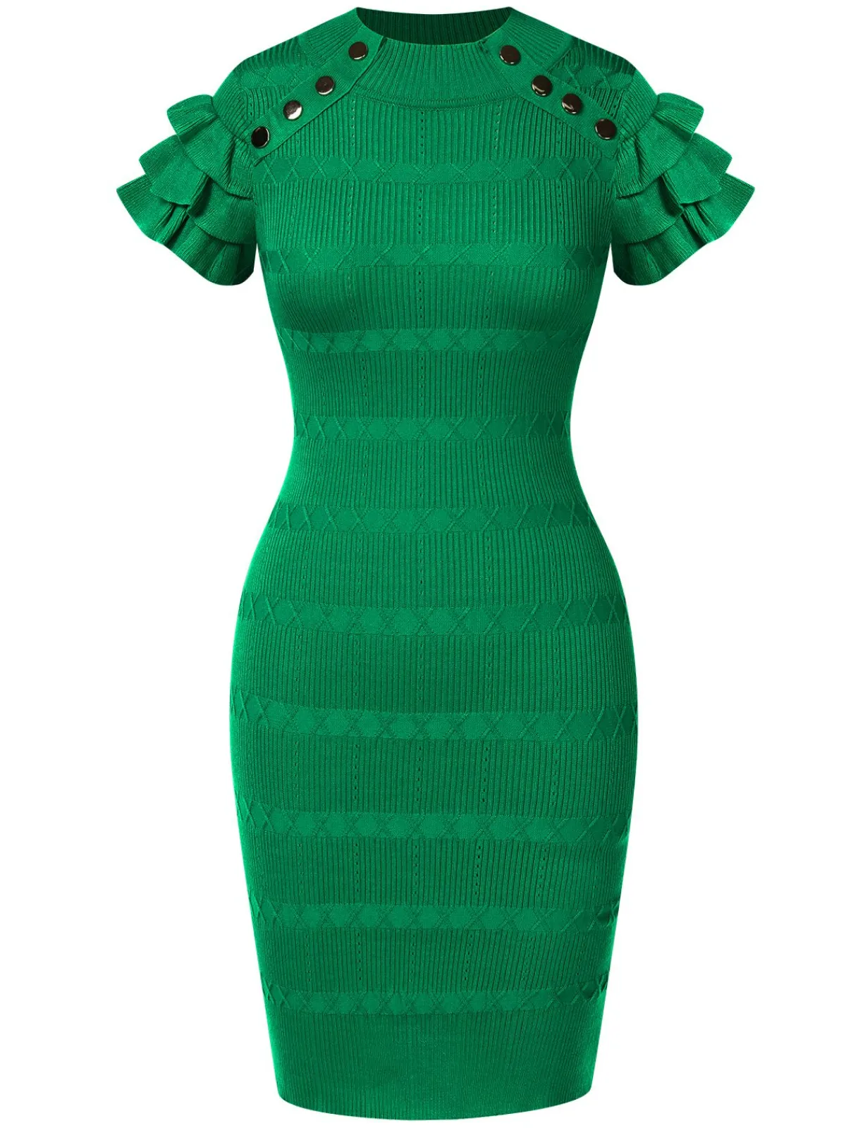 Best Retro Stage 1960s Metal Button Ruffle Sleeve Sweater Dress