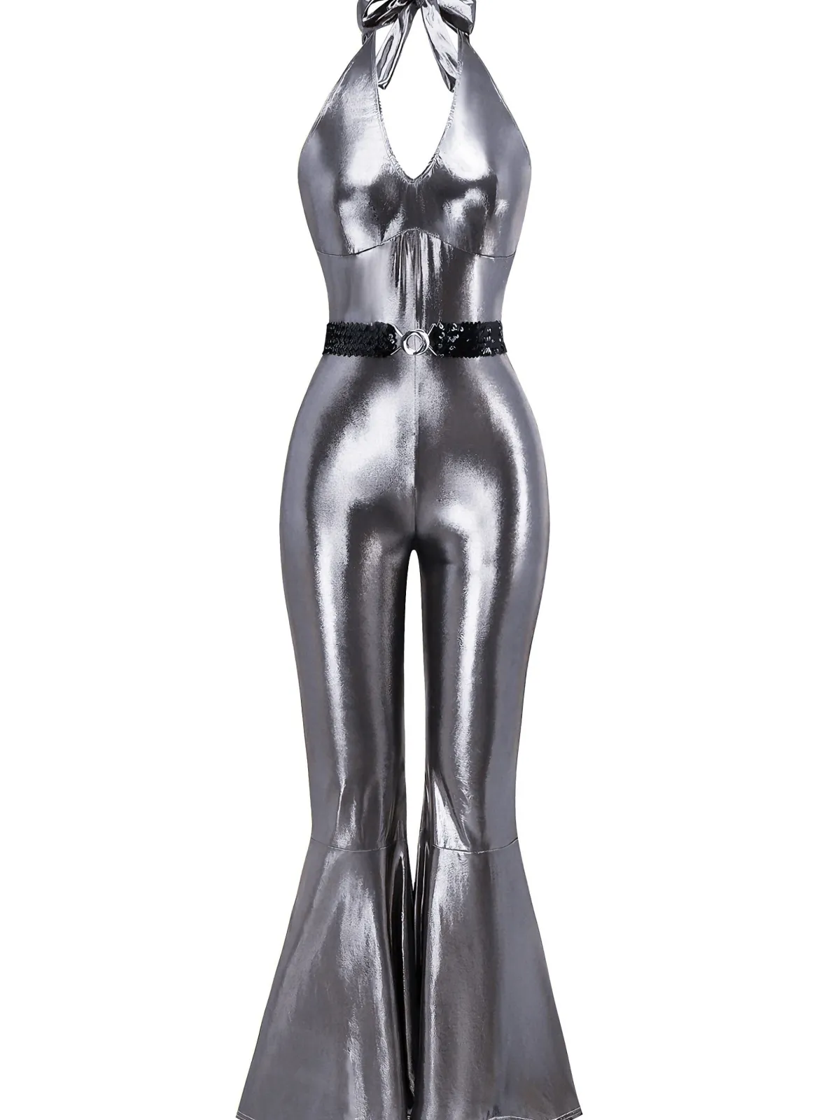Online Retro Stage 1970s Metallic Disco Halter Belted Jumpsuit