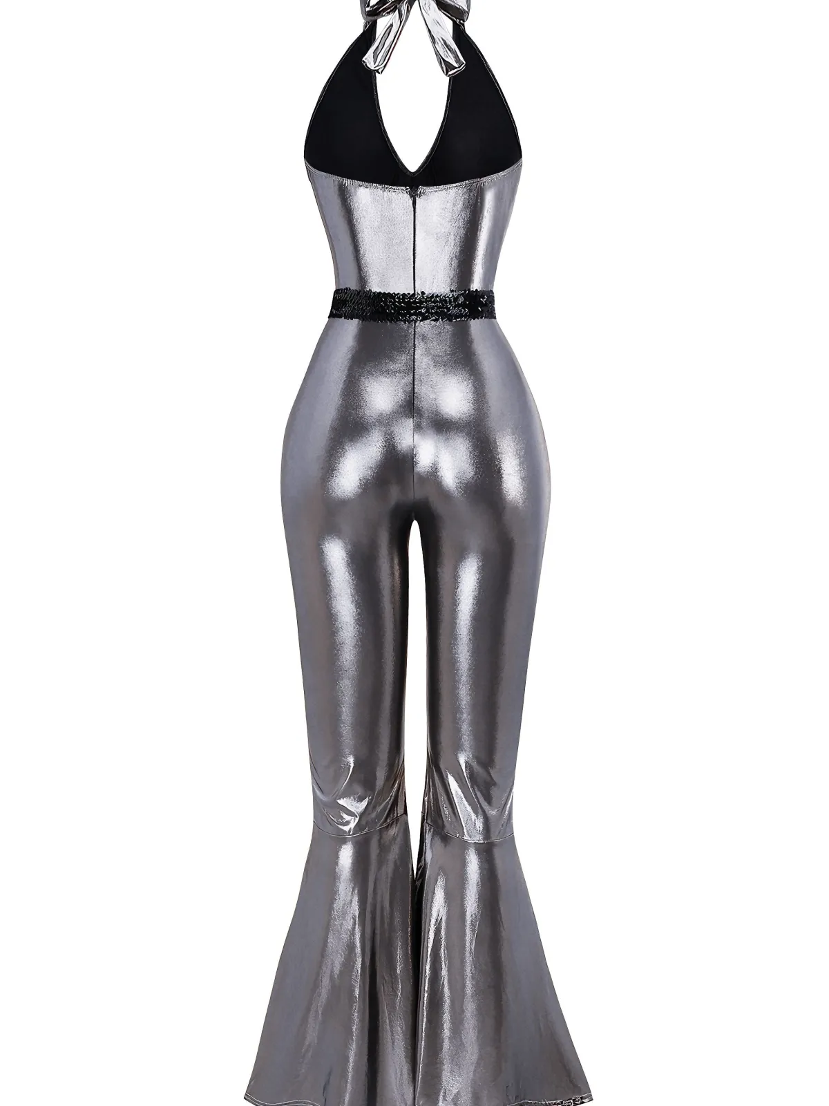 Online Retro Stage 1970s Metallic Disco Halter Belted Jumpsuit