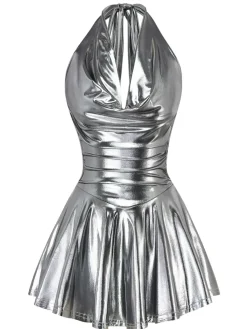 Hot Retro Stage 1970s Metallic V-Neck Pleated Mini Dress