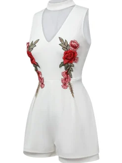 New Retro Stage 1950s Mock Neck Floral Embroidered Cutout Romper