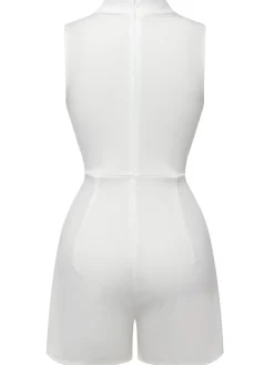New Retro Stage 1950s Mock Neck Floral Embroidered Cutout Romper