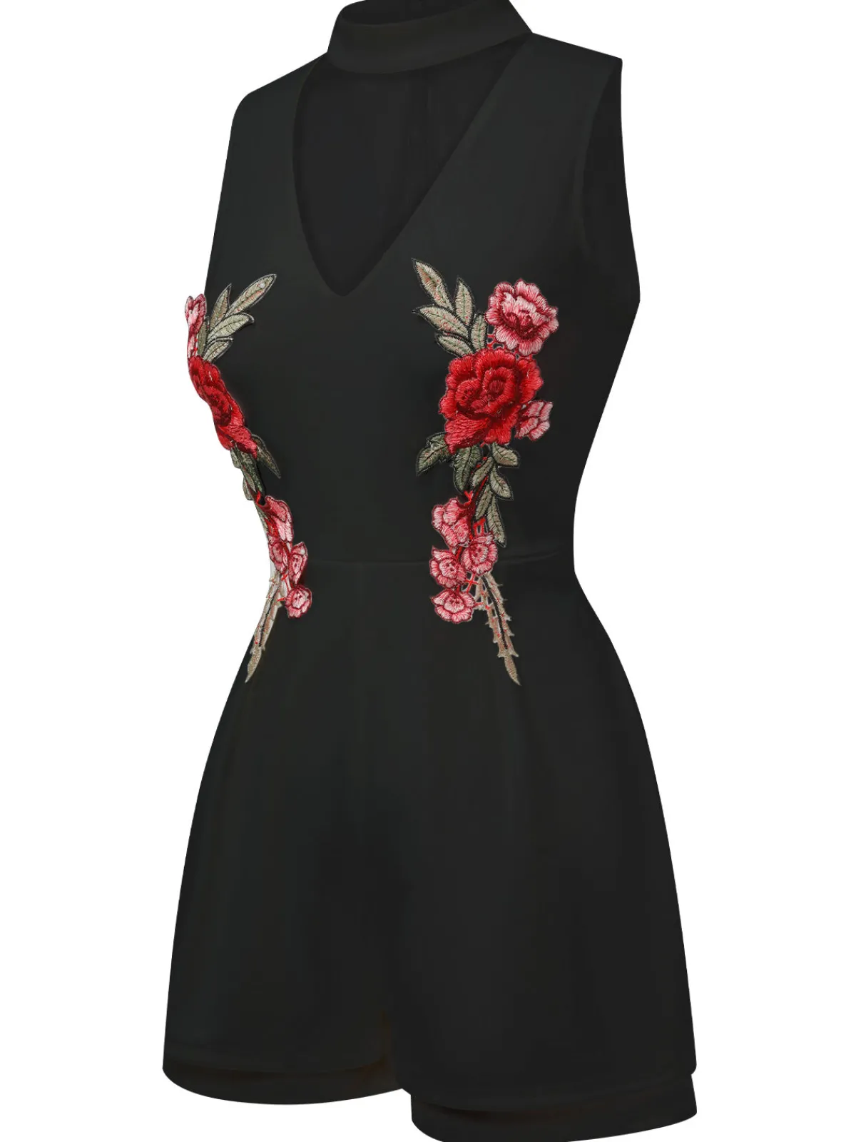 New Retro Stage 1950s Mock Neck Floral Embroidered Cutout Romper