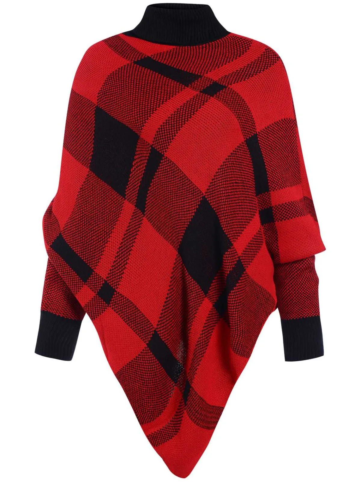 Hot Retro Stage 1950s Mock Neck Plaid Knit Poncho Sweater
