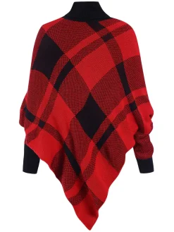 Hot Retro Stage 1950s Mock Neck Plaid Knit Poncho Sweater