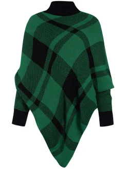 Hot Retro Stage 1950s Mock Neck Plaid Knit Poncho Sweater
