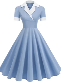 Fashion Retro Stage 1950s Notched Collar Colorblock Swing Dress