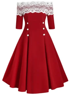 Sale Retro Stage 1950s Off Shoulder Button Embellished Dress
