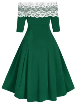 Sale Retro Stage 1950s Off Shoulder Button Embellished Dress