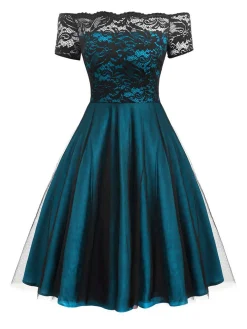 New Retro Stage 1950s Off Shoulder Lace Swing Dress Dark Green