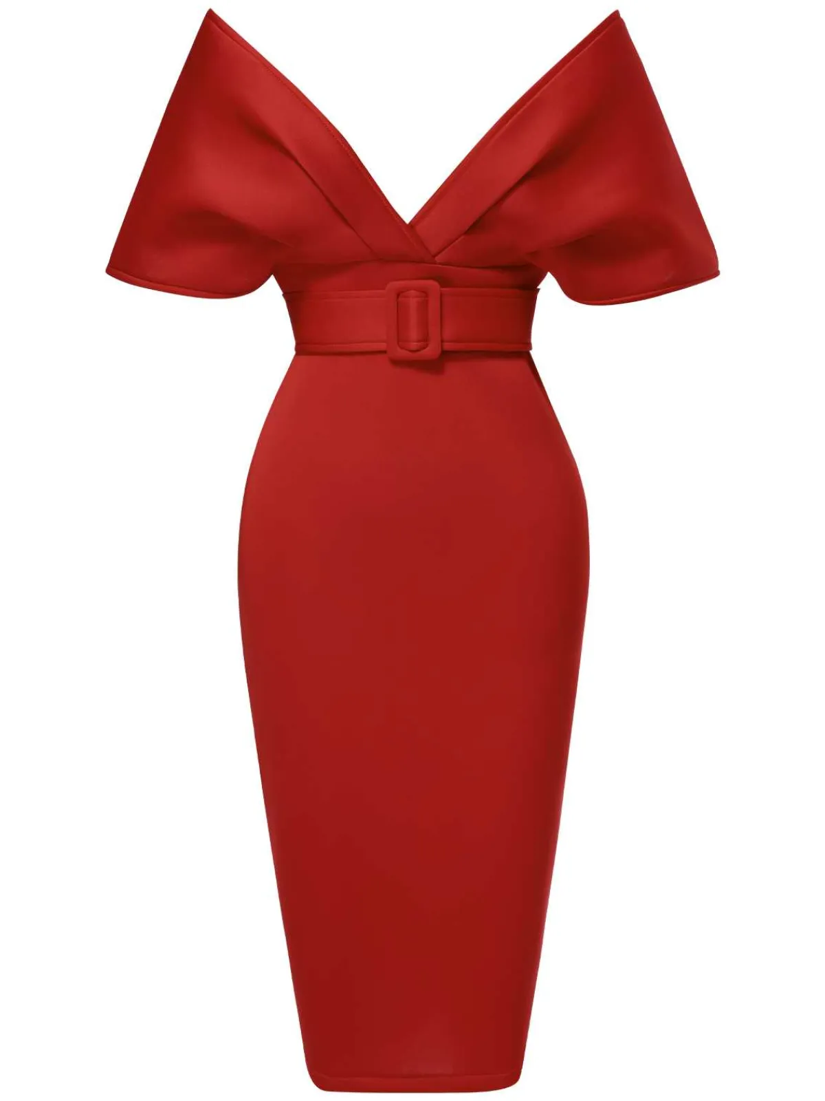 Online Retro Stage 1960s Off-Shoulder Belted Solid Bodycon Dress