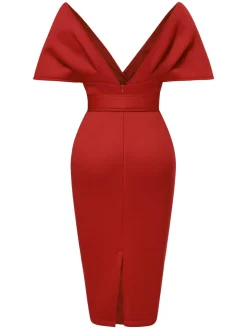 Online Retro Stage 1960s Off-Shoulder Belted Solid Bodycon Dress