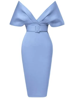 Online Retro Stage 1960s Off-Shoulder Belted Solid Bodycon Dress