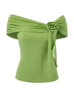 Sale Retro Stage 1960s Off-Shoulder 3D Rose Solid Top