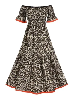 Online Retro Stage 1970s Off-Shoulder Flare Sleeve Dress Leopard