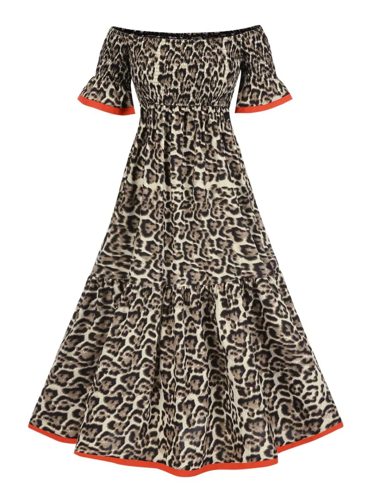 Online Retro Stage 1970s Off-Shoulder Flare Sleeve Dress Leopard