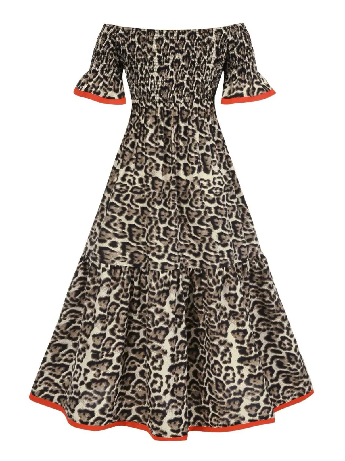 Online Retro Stage 1970s Off-Shoulder Flare Sleeve Dress Leopard