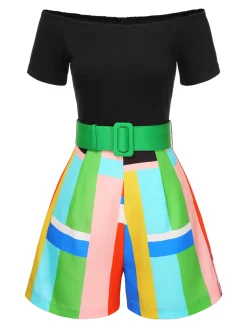 Sale Retro Stage 1980s Off-Shoulder Geometric Colorblock Belted Romper Black