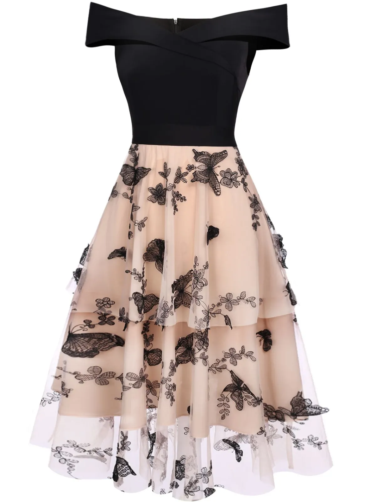 Best Retro Stage 1950s Off-shoulder Lace Butterfly Swing Dress Black