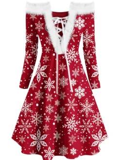 Sale Retro Stage 1950s Off-Shoulder Plush Patchwork Dress Red