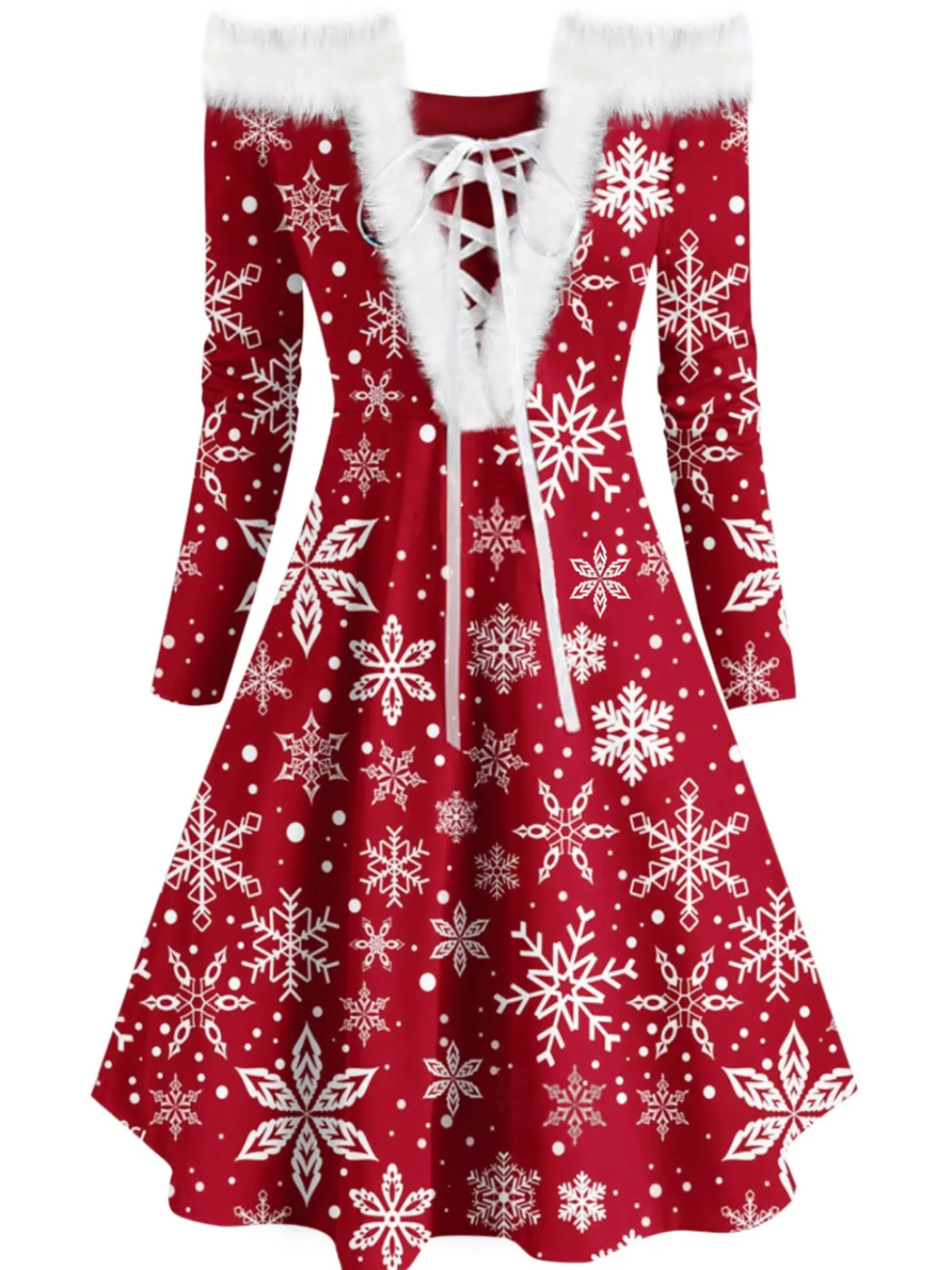 Sale Retro Stage 1950s Off-Shoulder Plush Patchwork Dress Red
