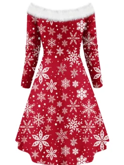 Sale Retro Stage 1950s Off-Shoulder Plush Patchwork Dress Red