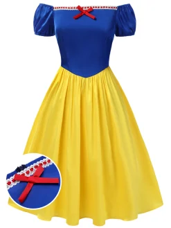 Hot Retro Stage 1950s Off-Shoulder Puff Sleeve Princess Bow Dress Yellow & Blue