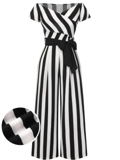 Clearance Retro Stage 1960s Off-Shoulder Wide Stripe Jumpsuit Black