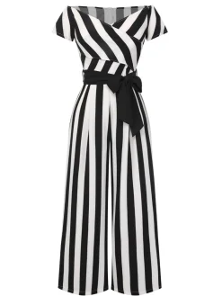 Clearance Retro Stage 1960s Off-Shoulder Wide Stripe Jumpsuit Black