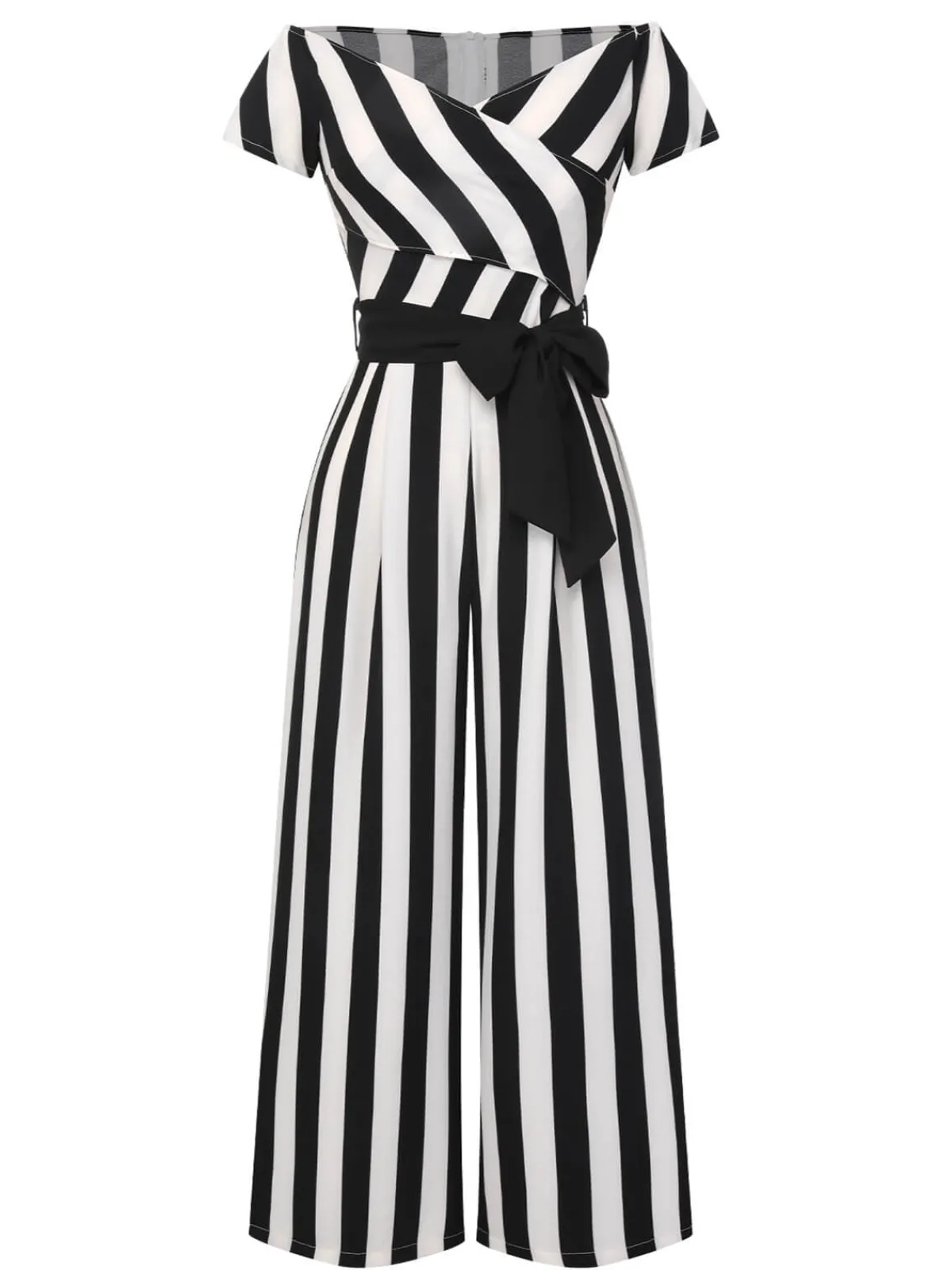 Clearance Retro Stage 1960s Off-Shoulder Wide Stripe Jumpsuit Black