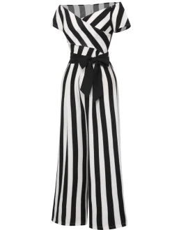 Clearance Retro Stage 1960s Off-Shoulder Wide Stripe Jumpsuit Black