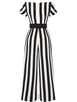 Clearance Retro Stage 1960s Off-Shoulder Wide Stripe Jumpsuit Black
