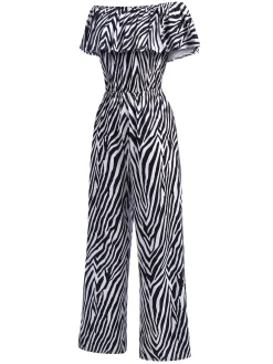 Best Retro Stage 1930s Off-Shoulder Zebra Stripe Jumpsuit Black