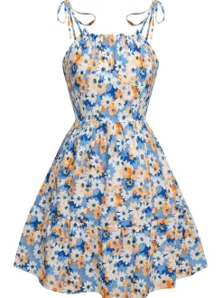 Sale Retro Stage 1960s Oil Painting Daisy Shoulder Tie Dress Multicolor
