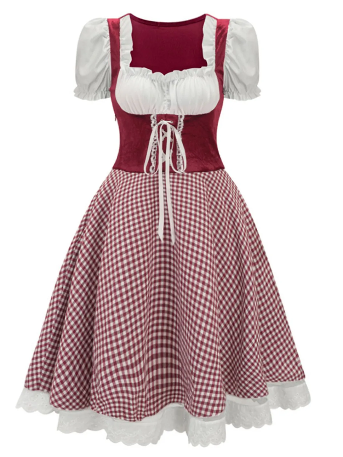 Sale Retro Stage 1950s Oktoberfest Puff Sleeves Gingham Plaid Dress