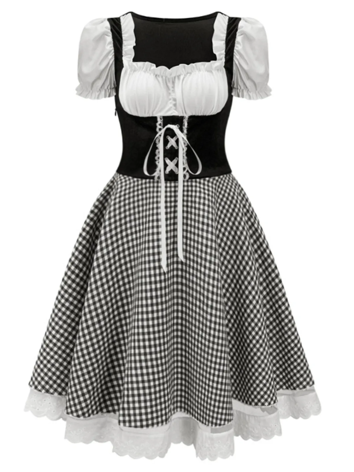 Sale Retro Stage 1950s Oktoberfest Puff Sleeves Gingham Plaid Dress
