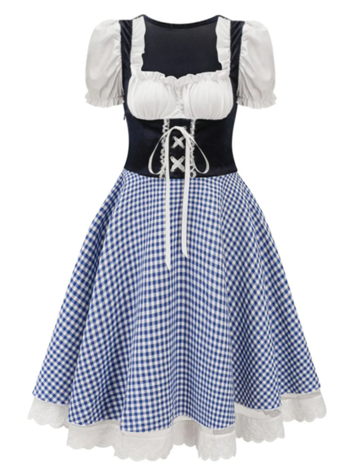 Sale Retro Stage 1950s Oktoberfest Puff Sleeves Gingham Plaid Dress