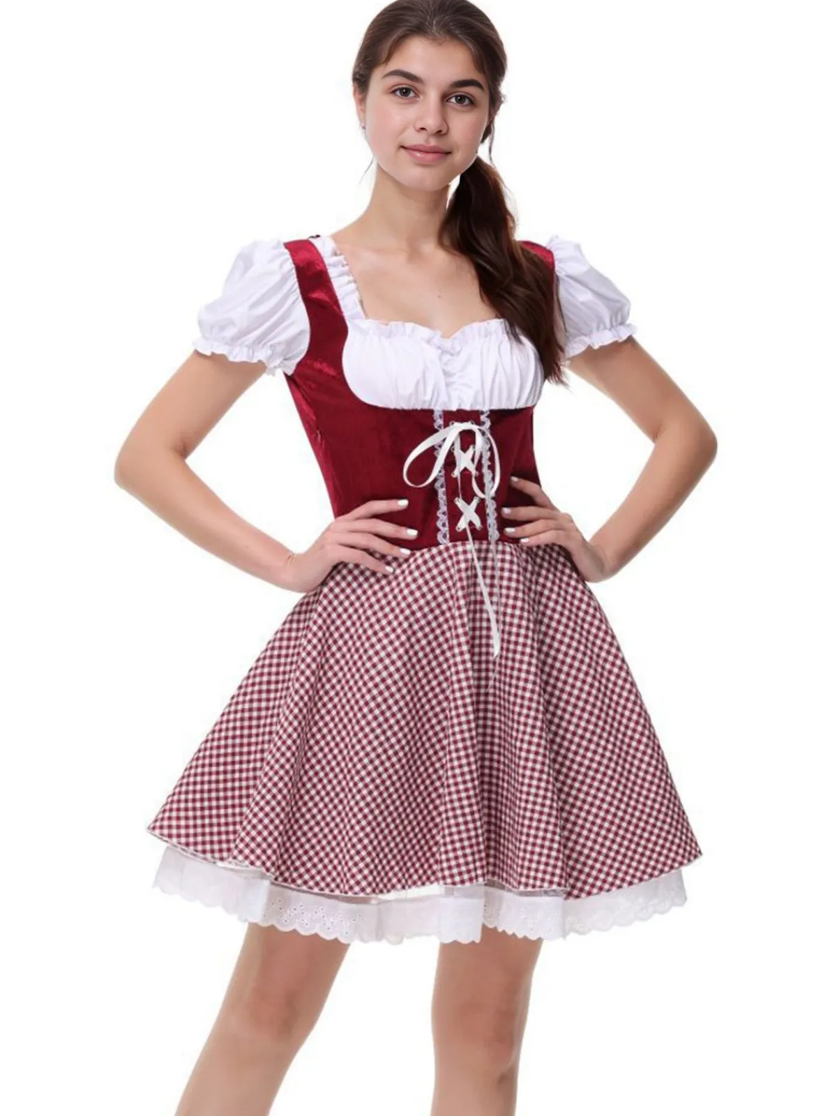Sale Retro Stage 1950s Oktoberfest Puff Sleeves Gingham Plaid Dress