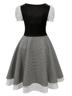 Sale Retro Stage 1950s Oktoberfest Puff Sleeves Gingham Plaid Dress